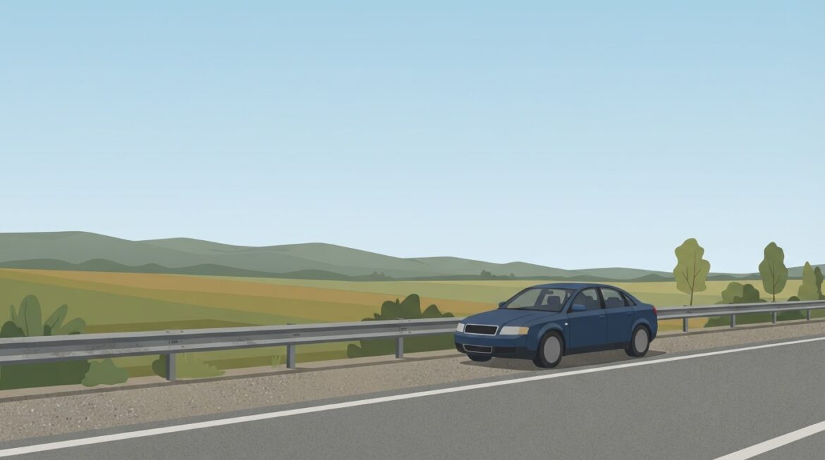 single car parked on a road shoulder against a guardrail