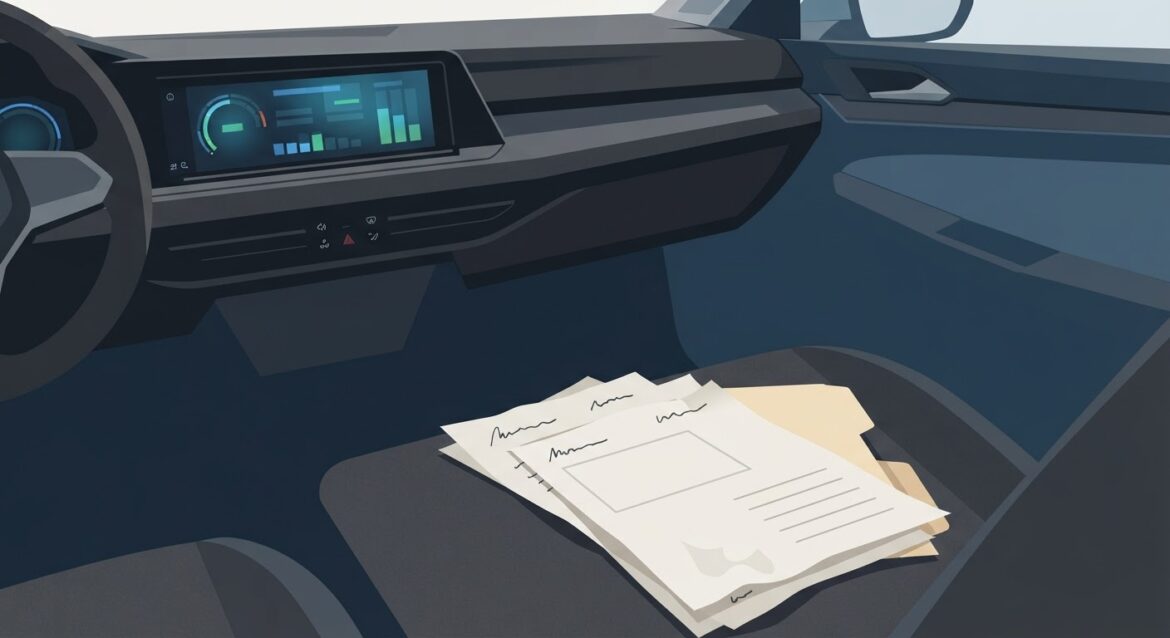 new car dashboard with paperwork resting on the seat