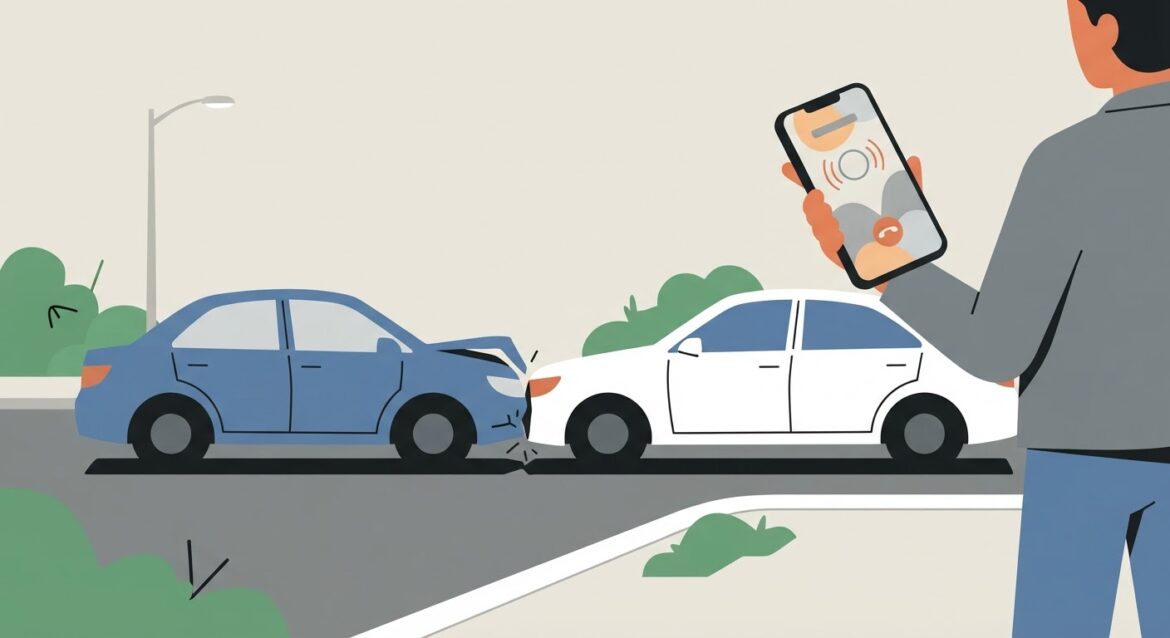 smartphone showing a call screen next to a fender-bender