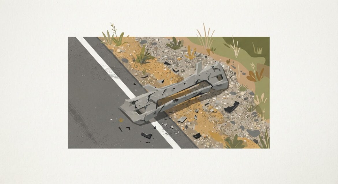 damaged car bumper on the roadside shoulder