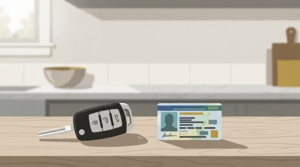 car key resting on a kitchen counter beside a driver's license