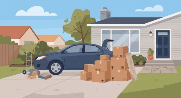 moving boxes stacked beside a car in a driveway